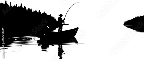 "Silhouette of Hunter in Boat with Dog and Ducks"