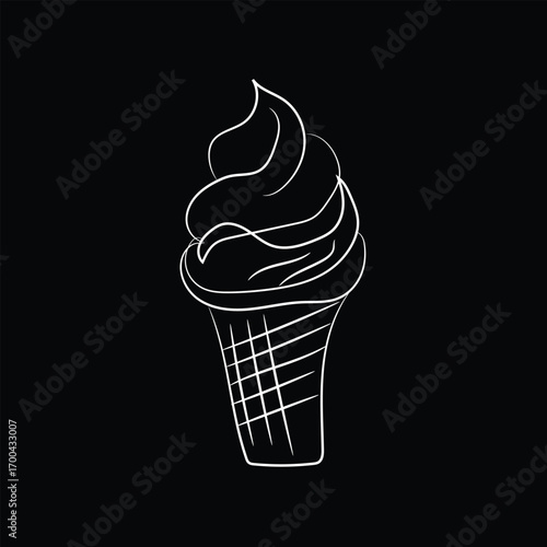 A colorful cartoon vector illustration of a creamy vanilla ice cream cone with a strawberry on top, perfect for a sweet summer dessert icon