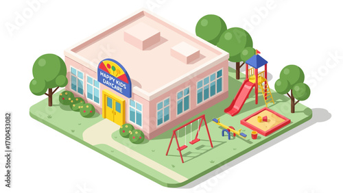 Isometric vector illustration of a colorful daycare building with playground for children