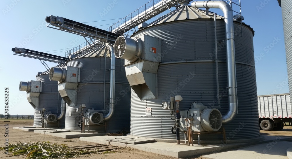 Fototapeta premium Medium shot of industrial grain bins with ventilation systems showing effective corn storage with temperature control to maintain quality.