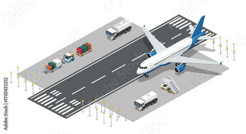 Plane at Airport Runway: Isometric Vector Illustration