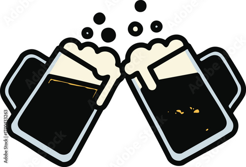 Illustration Vector of Two Beer Mugs Toasting Celebration Design with Foam Bubbles in a Cartoon Style