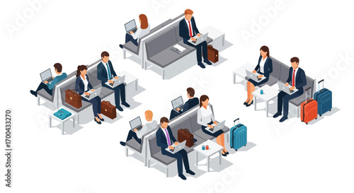 Isometric vector: Business travelers working on laptops in airport waiting area with luggage