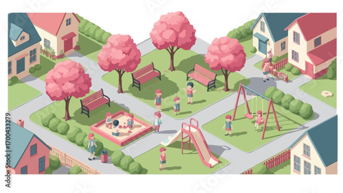 Isometric illustration of children playing in suburban neighborhood park with swings, slide and sandbox