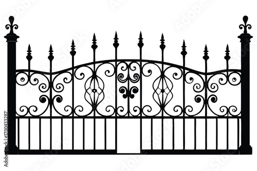 Ornate Black Wrought Iron Gate with Scrollwork and SpearShaped Finials Illustration