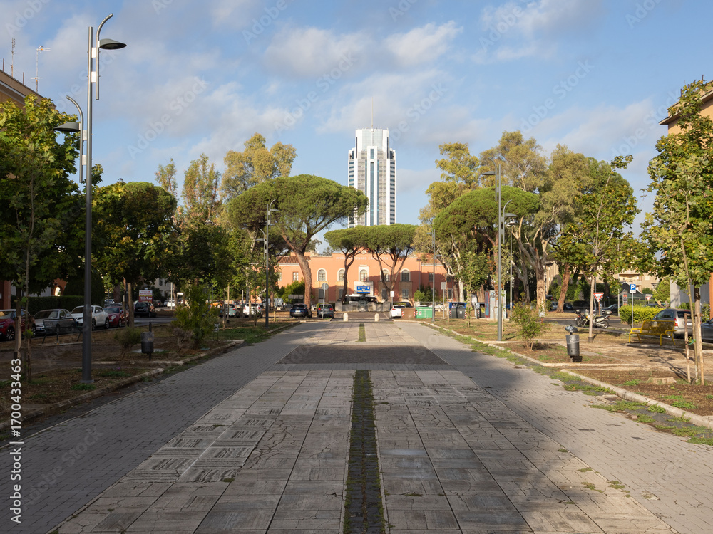 Fototapeta premium Piazza Viale Italia and the Torre Pontina skyscraper in Latina, Italy