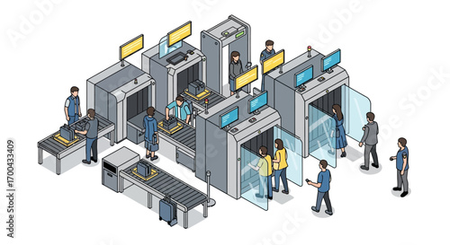 Isometric view of people going through airport security checkpoint with x-ray machine and metal detector vector illustration.