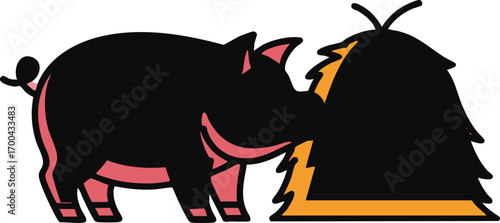 Illustration Vector Design with Pig eating Hay Bales in Black and Pink Colors in Cartoon Style