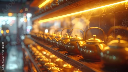 Steaming Teapots on Shelves: A Warm Beverage Collection