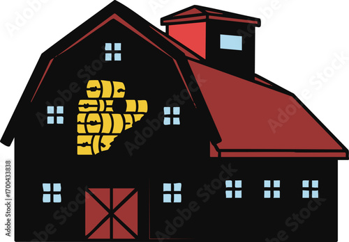 Barn Vector Illustration with Hay Bales Red Roof and Country Farmhouse Building in Simple Graphic Style