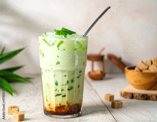 A refreshing glass of Southeast Asian cendol dessert with pandan jelly, coconut milk, and palm sugar syrup over ice.