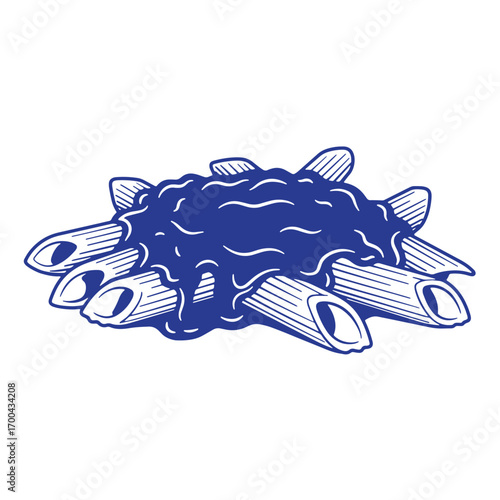 Delicious illustration of penne pasta covered in a rich tomato sauce on white background