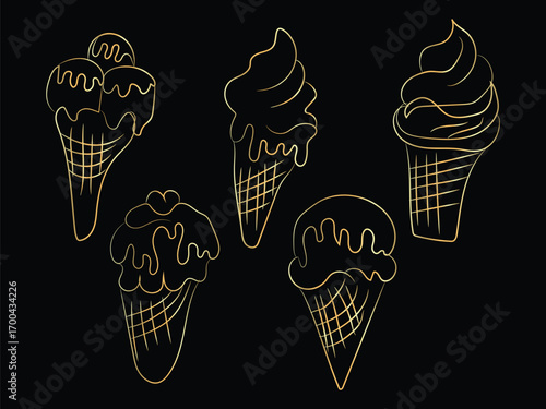 Vector art illustration of a delicious cold ice cream set with assorted flavors and cones, a sweet summer dessert