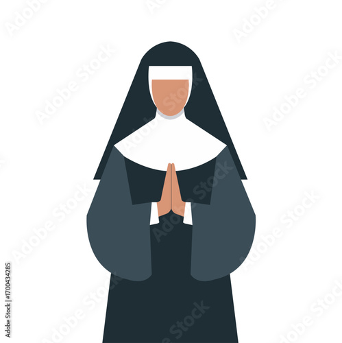 Nun character in flat style isolated on white background. Christian catholic religious concept. Vector stock