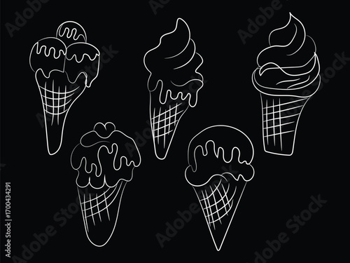 A delicious set of chocolate, strawberry, and vanilla ice cream cones, perfect for a cold summer dessert