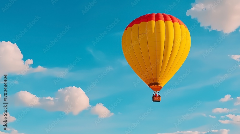Fototapeta premium Yellow Red Hot Air Balloon Soaring in Blue Sky with Clouds
