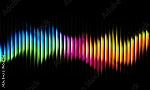 Abstract colorful sound wave visualization with vertical bars in a flowing pattern against a black background, representing music or data