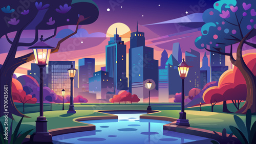 Central park at night with building silhouettes and light posts