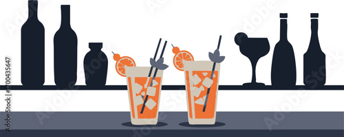 Modern Bar Vector Illustration with Cocktail Drink Glasses Orange Slices and Dark Bottle Silhouettes for Restaurant Branding Design