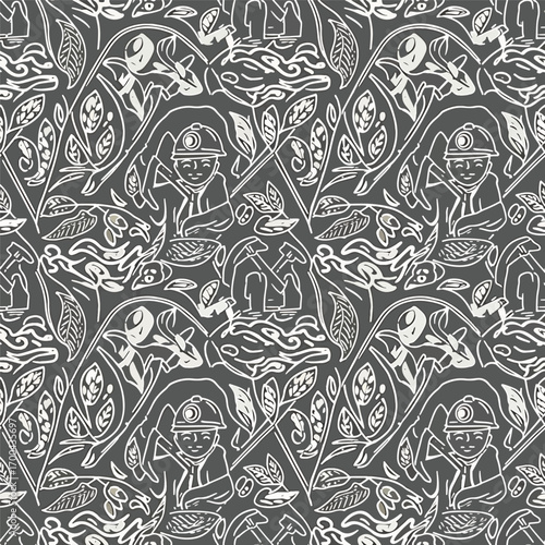 Whimsical mining themed pattern with miners, plants, and tools illustration, seamless pattern, royalty free stock.