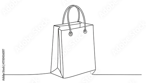 A single, continuous line drawing portrays a simple shopping bag, elegantly rendered.