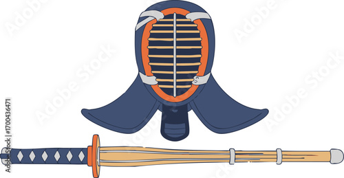 Kendo Gear Vector Illustration with Shinai Bamboo Sword and Protective Helmet for Martial Arts Training in Traditional Style