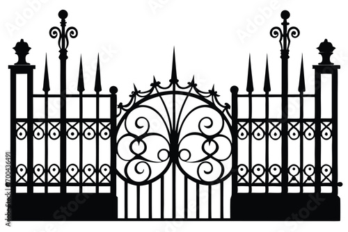 Ornate Black Iron Gate Silhouette with Scrollwork and Spear Finials Detailed View