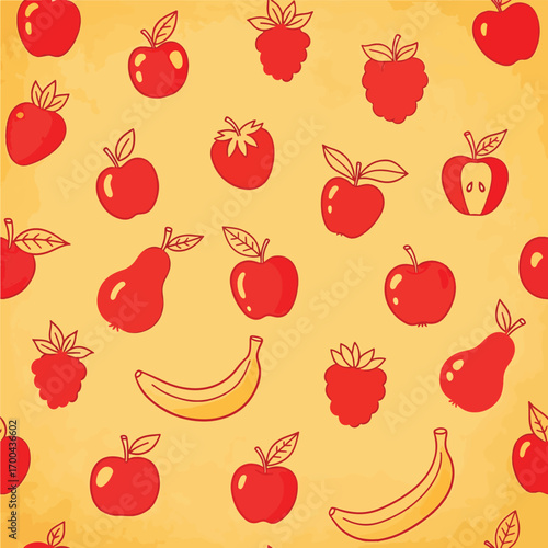 Whimsical fruit pattern with apples, bananas, pears, and raspberries design, seamless pattern, Stock royalty image.