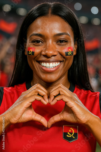 Angolan woman with flag face paint making heart gesture