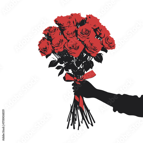 Hand holding bouquet of red roses with ribbon on white background in graphic style. Concept of gift, romance, celebration flower delivery