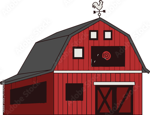 Illustration Vector of Red Barn with Rooster Weathervane and Modern Design Style