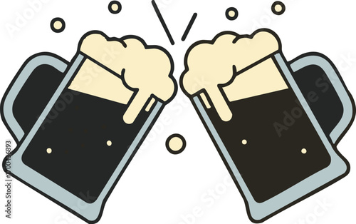 Illustration Vector of Two Beer Mugs Clinking with Foam in a Modern Cartoon Style