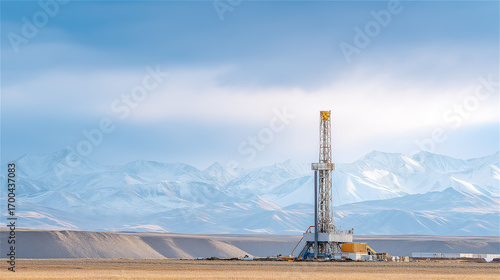 Industrial oil drilling rig in desert landscape with snowy mountains in background, symbolizing energy production, extraction industry, global commerce and modern technology.