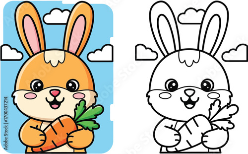 Cute Cartoon Bunny Holding a Carrot - Adorable Hand-Drawn Rabbit with Sweet Expression for Kids and Spring Themes