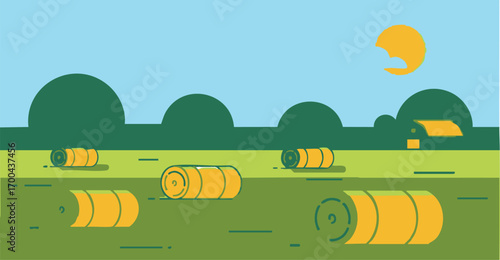 Illustration Art Vector of Hay Bales in a Field with Green Trees and a Yellow Sun in a Modern Minimalist Style