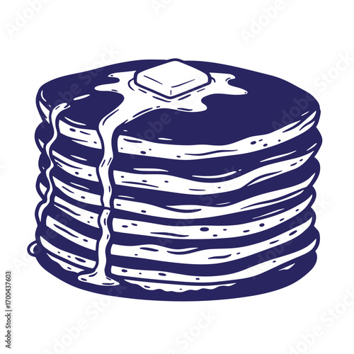 Delicious stack of pancakes with melting butter illustration in a bold blue and white design