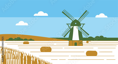 Landscape Vector Illustration of a Windmill in a Field with Blue Sky White Clouds in Modern Flat Style