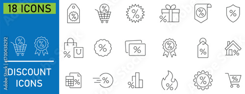 Collation of discount sale icon set. Contains such as discounts, shopping carts, featuring price tags, retail promotion, marketing and special offer. 18 Shopping discount label badge collection. 