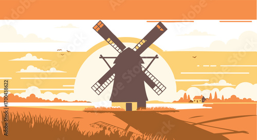 Landscape Vector Illustration with Windmill Sunset Silhouette Rural Scene in Orange and Yellow Tones Flat Style