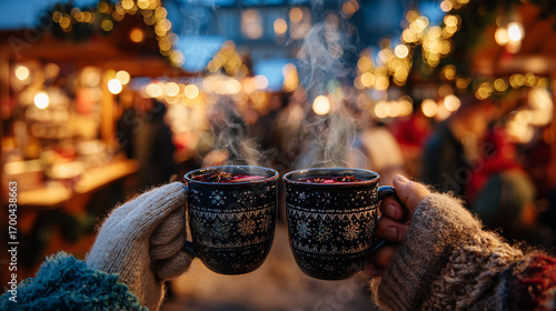 Hands hold steaming mugs of mulled wine, surrounded by Christmas market decorations, capturing the warmth and holiday spirit of a traditional German Christmas celebration.