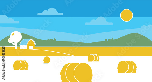 Vector Illustration of Rural Landscape with Hay Bales Barn and Tree in Minimalist Geometric Style with Blue Sky and Yellow Field