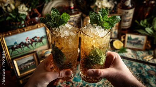 Hands hold refreshing mint julep glasses, surrounded by Southern-style decorations and elements from the Kentucky Derby, adding to the celebratory atmosphere.