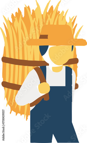 Illustration Vector of farmer carrying Hay Stack Cartoon Design Minimalist Style