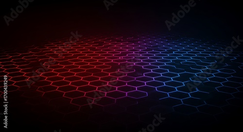 Abstract futuristic background with glowing hexagon pattern in red and blue tones creating a sense of depth and technological advancement