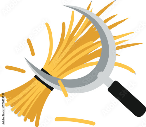 Illustration Vector of Wheat and Sickle Farm Tool in Minimalist Style with Golden Yellow Hues