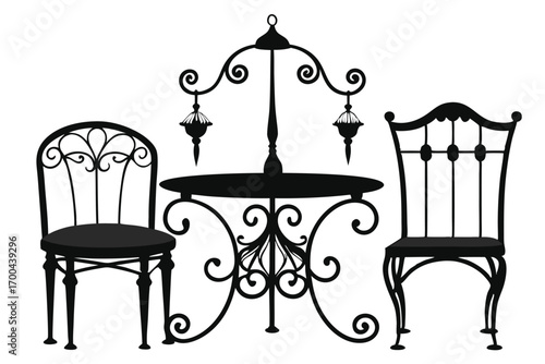 Intricate Silhouette of Wrought Iron Table with Hanging Lanterns and Two Ornamental Chairs