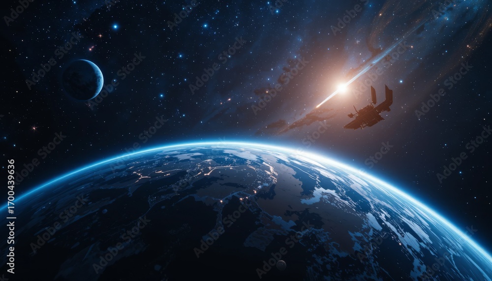 Naklejka premium Earth from space with glowing atmosphere, satellites and stars background World Space Week concept