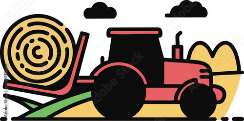 Illustration Art Vector of Tractor with Hay Bales in Cartoon Style in Red and Black