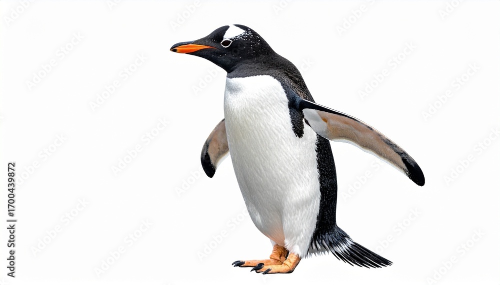 Fototapeta premium Penguin with black and white body orange beak short wings aquatic flightless bird isolated on white background