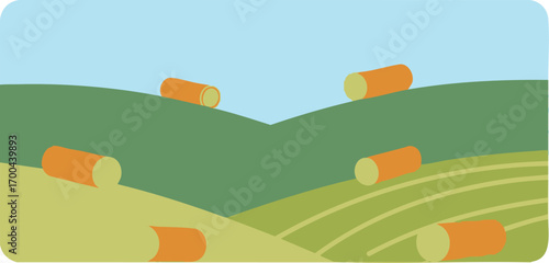 Landscape Vector Illustration of Rolling Hills with Hay Bales and Blue Sky Minimalist Style